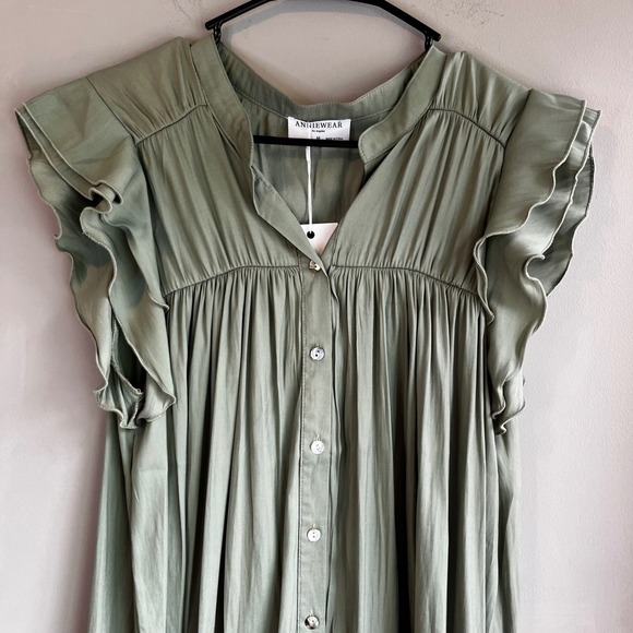 Annie Wear Olive Green Button Down Ruffle Sleeve Blouse Top - Picture 2 of 10